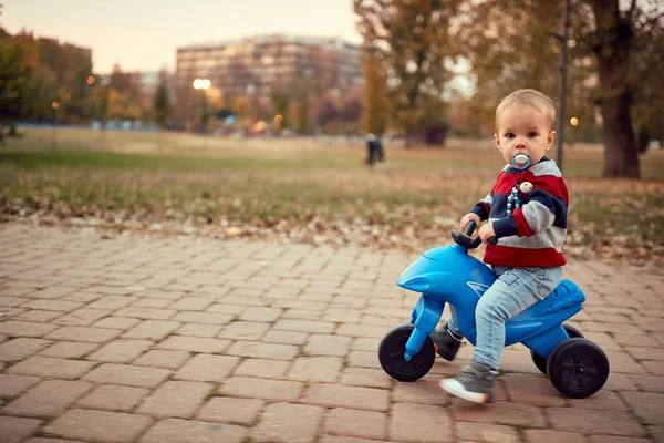 Lindo chico en bicicleta. Familia, infancia, estación y concepto de personas —  Fotos de Stock