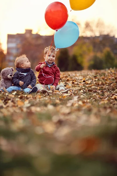 Bracia bawią się balonami w parku. Mały chłopiec. Szczęśliwego dzieciństwa. Rodzina — Zdjęcie stockowe
