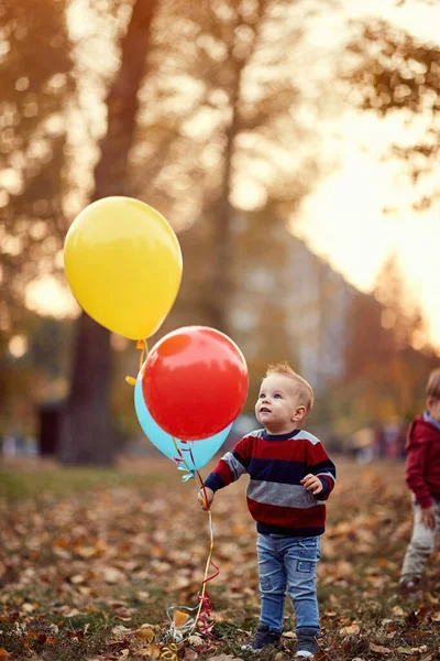 Kleine jongen. Gelukkige jeugd. jongen met een stel ballonnen in hun handen in het gele herfst park. Gezin — Stockfoto