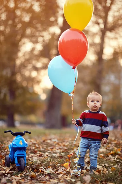 Rodzina, dzieciństwo, pora roku i koncepcja ludzi. Mały chłopiec w jesiennym parku — Zdjęcie stockowe