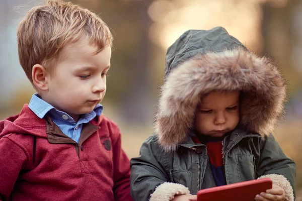 Irmãos jogando jogo no smartphone ao ar livre — Fotografia de Stock