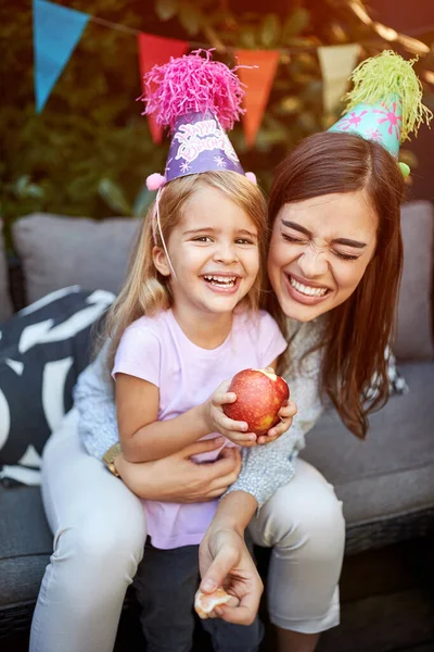 Cheerful Mother Child Celebrating Birthday Her Daughter — Stock Photo, Image