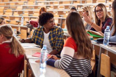Genç birinci sınıf öğrencileri amfitiyatroda notları karıştırıp karşılaştırıyorlar.