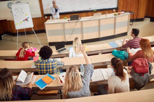 在圆形剧场演讲的学生回答教授的问题 — 图库照片