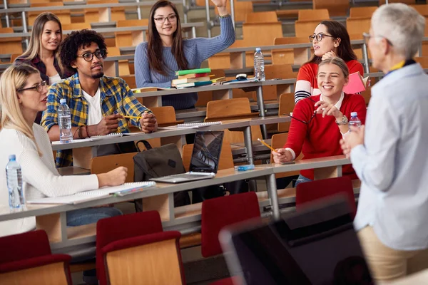 Vrouwelijke Bejaarde Professor Geeft Een Lezing Beantwoordt Vragen — Stockfoto