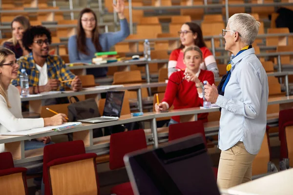 Vrouwelijke Bejaarde Professor Geeft Een Lezing Beantwoordt Vragen — Stockfoto