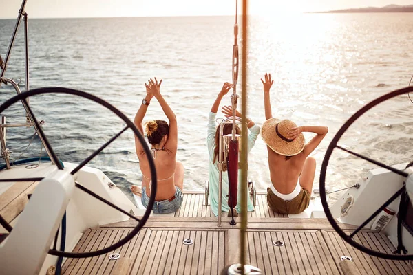 Young Girl Enjoying Summer Days Luxury Yacht Back View — Stock Photo, Image