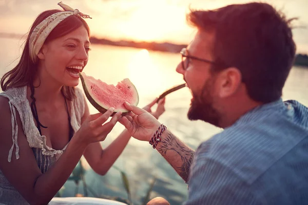 Close Young Couple Feeding Each Other Watermelon River — Stock Photo, Image