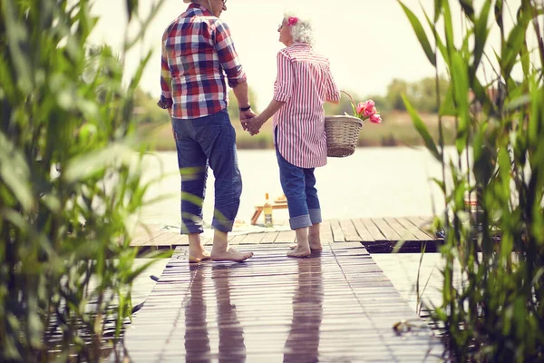 Liebendes Seniorenpaar Geht Beim Picknick Auf Den Teich Glückliche Senioren — Stockfoto