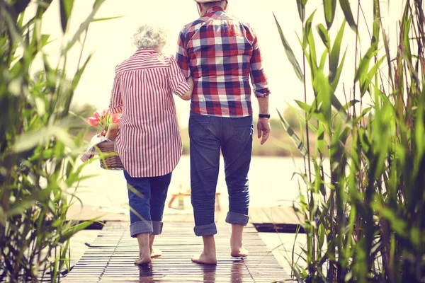 Cuplu Bătrâni Iubitori Merge Iaz Picnic Oameni Seniori Fericiți Picnic — Fotografie, imagine de stoc