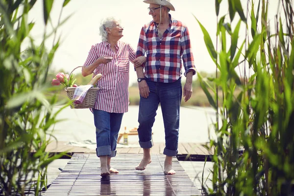 Romantisch Picknick Slachend Seniorenpaar Aan Rivier Genietend Samen — Stockfoto