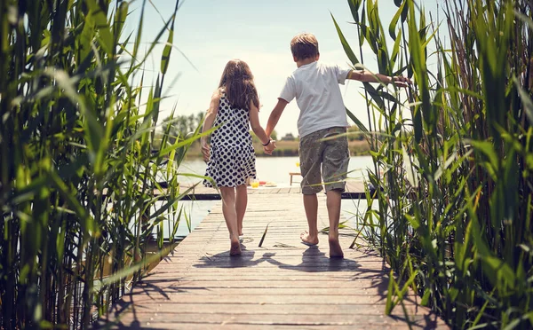 Kinderen Houden Elkaars Hand Vast Gaan Vijver Achteraanzicht — Stockfoto