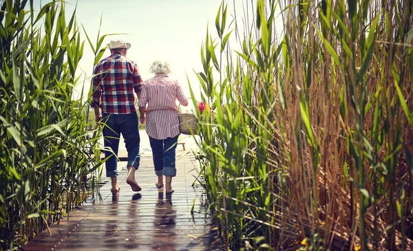 Nagyszülők Piknikezni Mennek Tóhoz Idősek Vakáción — Stock Fotó