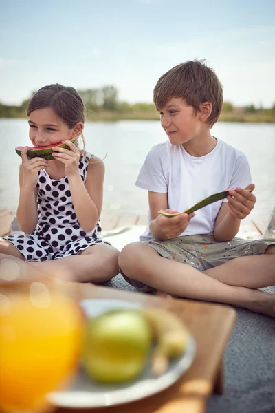 Cute Caucasian Girl Boy Eating Watermelon River — Stock Photo, Image