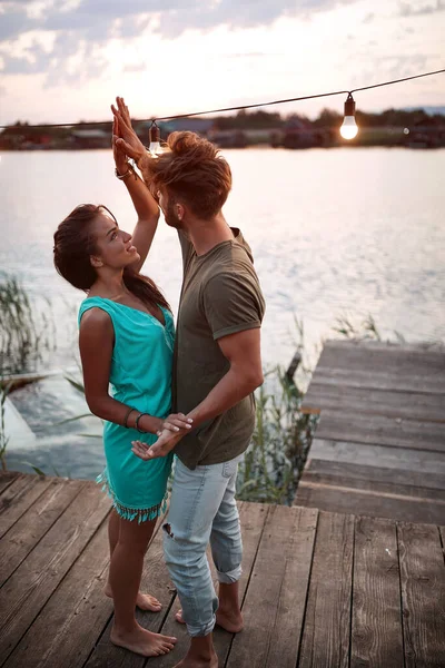 Beautiful Young Adult Couple Dancing Wooden Platform River Sunset — Stock Photo, Image