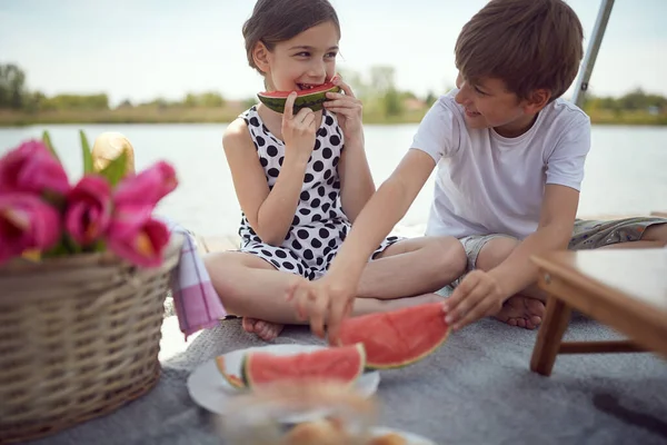 Happy brother and sister enjoy watermelon on a picnic on the lake