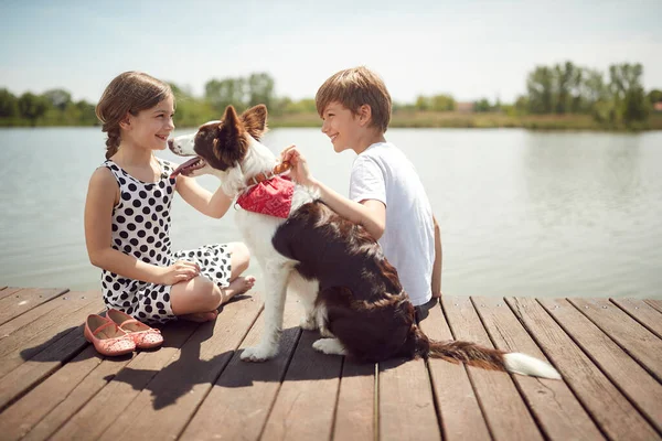 Brother Sister Enjoy Sunny Day Dog Dock Lake — Stock Photo, Image