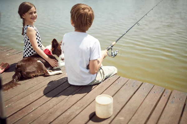 Cheerful Brother Sister Fishing Sunny Day — Stock Photo, Image