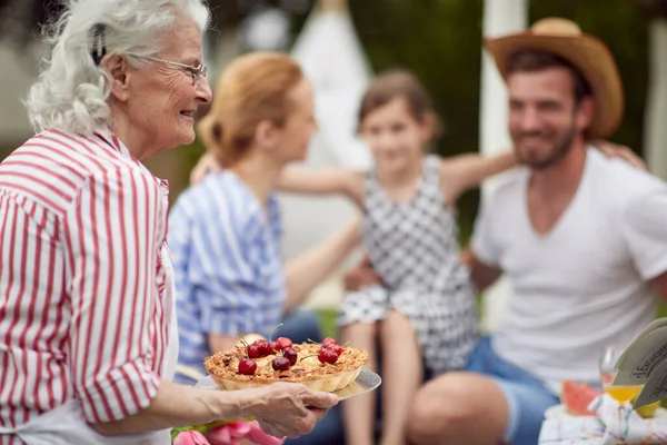 Kuchen Für Eine Glückliche Familie Beim Picknick Einem Schönen Tag — Stockfoto