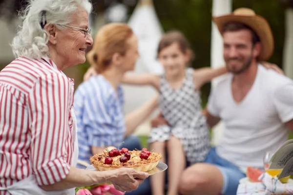 Bolo Para Uma Família Feliz Piquenique Belo Dia — Fotografia de Stock