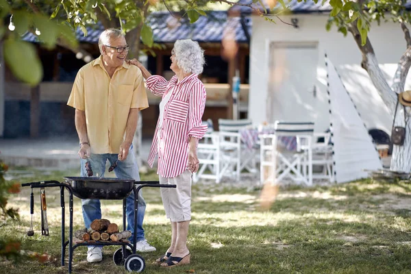 在一个夏日烧烤店外快乐的老夫妇 — 图库照片