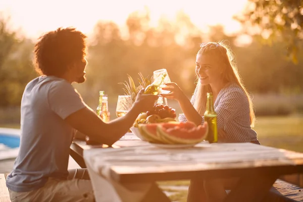 Multi Ethnic Cheerful Young Couple Drinking Dinner Party — Stock Photo, Image