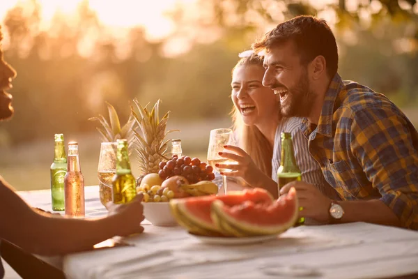 Multi Ethnic Smiling Young Friends Drinking Dinner Party — Stock Photo, Image