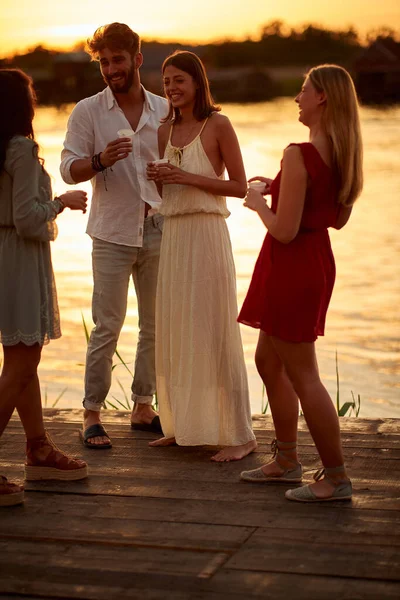 Gruppo Amici Che Fanno Festa Sul Lago Con Bel Tramonto — Foto Stock