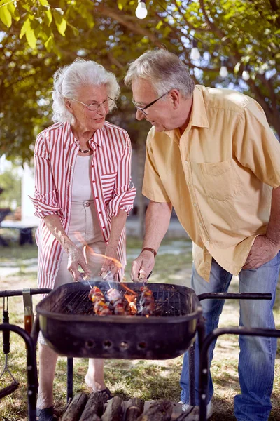 Glückliche Senioren Bereiten Gemeinsam Grillen Garten Vor — Stockfoto