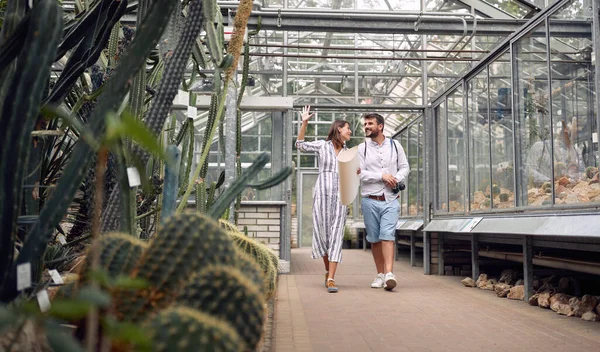 年轻的 面带微笑的园艺家们 在为植物园设计蓝图的过程中 男女们都很享受 — 图库照片