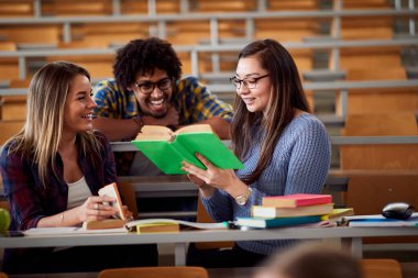 Mutlu öğrenciler amfi tiyatroda birlikte öğreniyor.