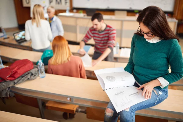 与同事一起在圆形剧场学习的女生 — 图库照片