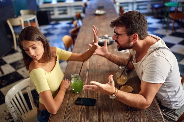 Young Couple Talking Arguing Cafe — Stock Photo, Image