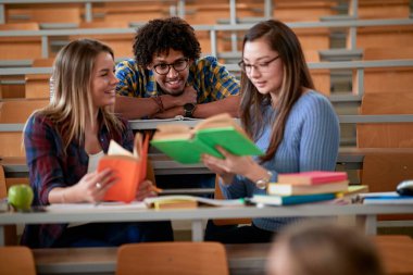Öğrenciler ders arasında amfitiyatroda ders hakkında sohbet ediyorlar.