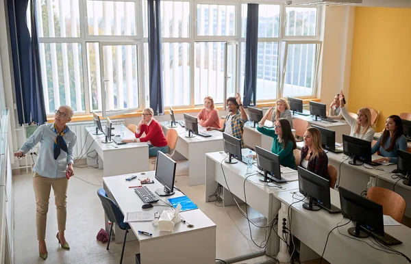 Female Professor Lecturing Lesson University Computer Classroom — Stock Photo, Image