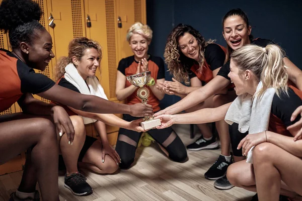 Female Team Celebrating Win Locker Room — Stock Photo, Image