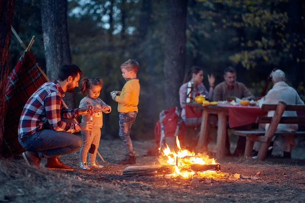 Camping Familiar Bosque Con Fuego Campamento Primavera Otoño Con Fogata — Foto de Stock