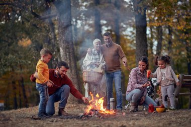 Mutlu bir aile ve köpekleri güzel bir sonbahar günbatımında ormanda kamp ateşinin etrafında harika vakit geçiriyorlar.