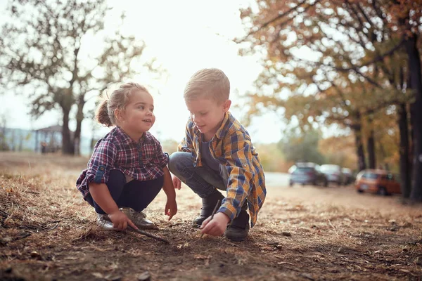 Malý Bratr Sestra Hrají Zemi Lese Krásného Podzimního Dne — Stock fotografie