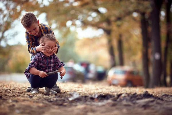 Bambini Che Divertono Nella Foresta Una Bella Giornata Autunnale — Foto Stock