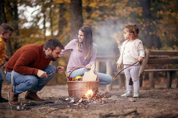 Família Feliz Torno Fogueira Floresta Belo Dia Outono — Fotografia de Stock