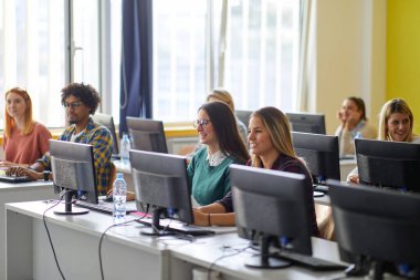 Bir grup öğrenci üniversitenin bilgisayar sınıfında bilgilendirme konferansında. Zeki gençler üniversitede okuyor. Eğitim, üniversite, üniversite, öğrenim ve insanlar konsepti