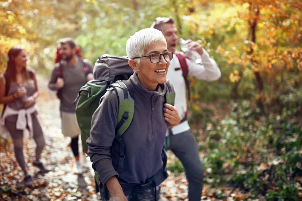 Grandmother Hiking Woods — Stock Photo, Image