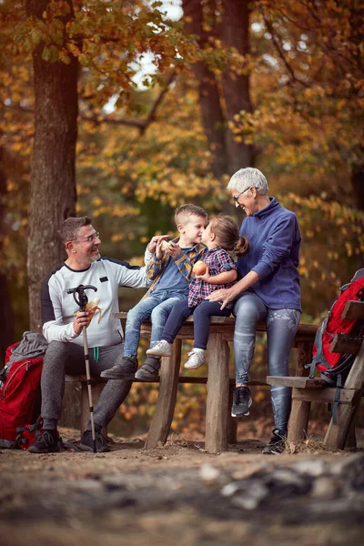 Casal Idosos Netos Desfrutando Momentos Encantadores Floresta Belo Dia Outono — Fotografia de Stock