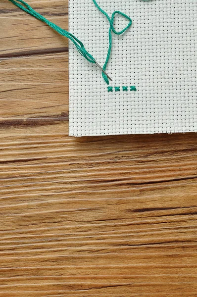 Piece Embroidery Material Green Cross Stitches — Stock Photo, Image