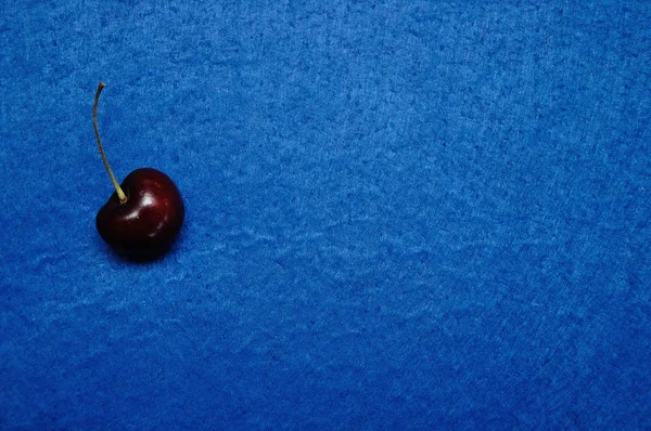 A single red cherry on a blue background