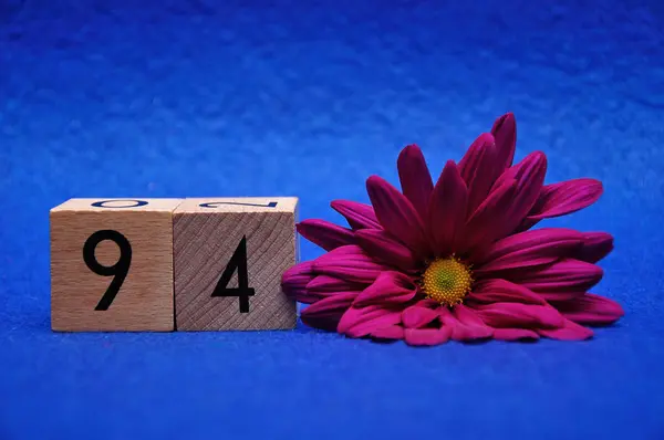 Nummer 94 met een paarse Daisy op een blauwe achtergrond — Stockfoto