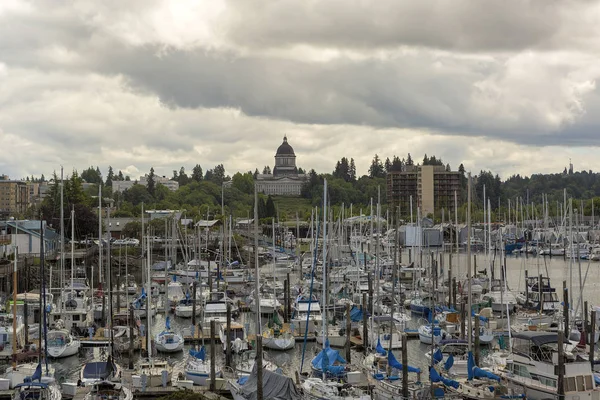 Marina Boats Moored Olympia Washington State Capitol Building Cloudy Day — Stock Photo, Image