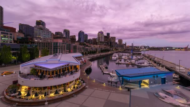 Uhd Time Lapse Movie Beautiful Sunset Downtown Cityscape Waterfront Seattle — Stock Video