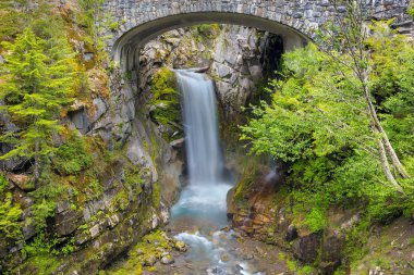 Christine Falls Van Trump Creek Mount Rainier Milli Park Washington eyaletinde boyunca taş köprü altında